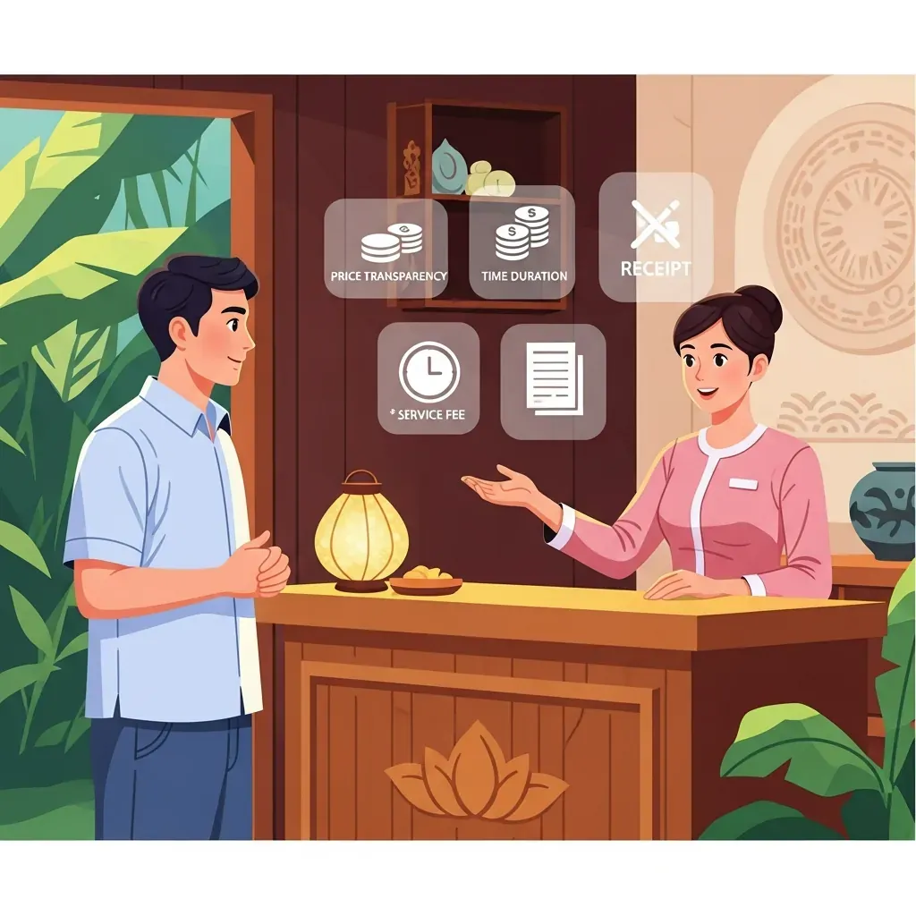 Khách hỏi rõ giá, thời lượng và phụ phí trước khi dùng dịch vụ massage.