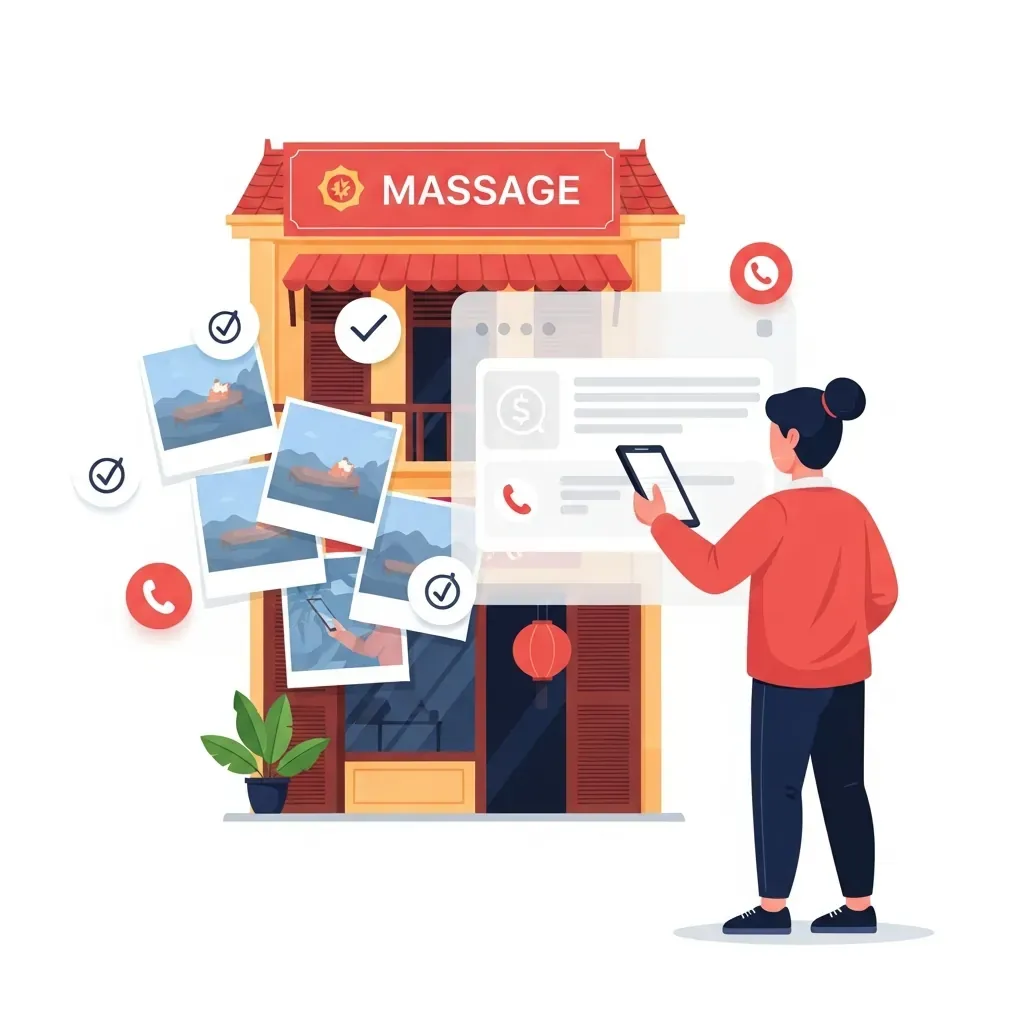 Minh họa các dấu hiệu cần kiểm tra để biết một cơ sở massage có đang hoạt động hay không.
