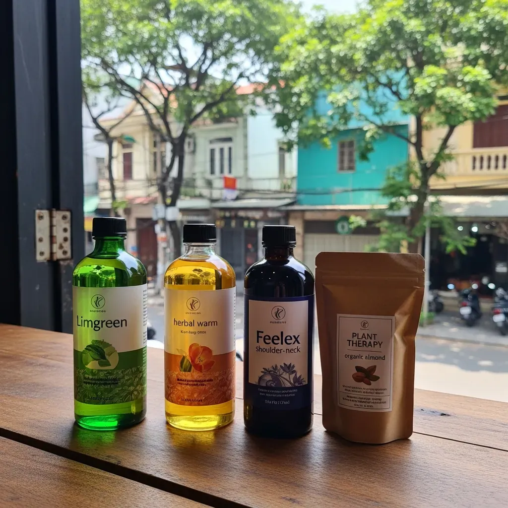 Bộ 4 sản phẩm dầu massage an toàn cho người mới bắt đầu tại Hà Nội được bày trên bàn gỗ, nền phố Hà Nội ngoài cửa sổ.