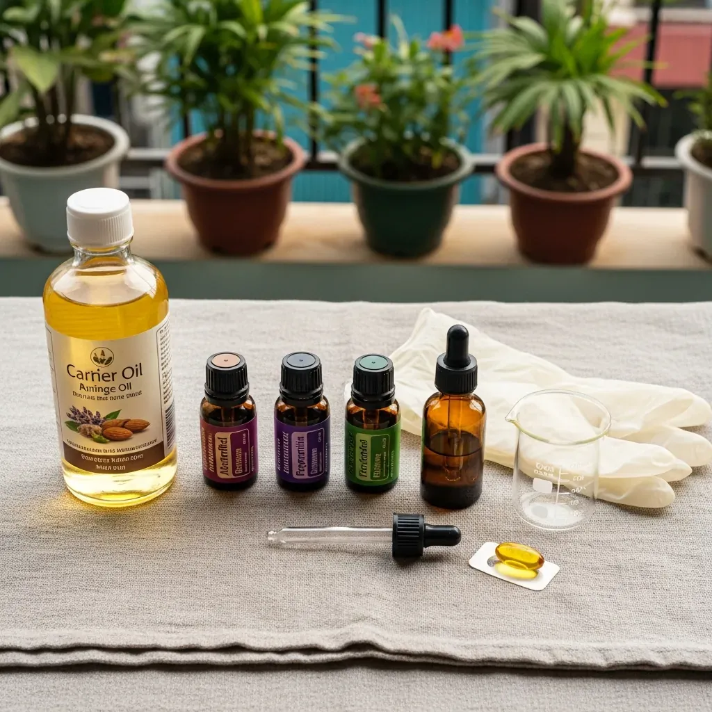 Bộ dụng cụ và nguyên liệu cần thiết để tự pha chế dầu massage tại nhà, gồm dầu nền, tinh dầu, chai thủy tinh tối màu và găng tay.