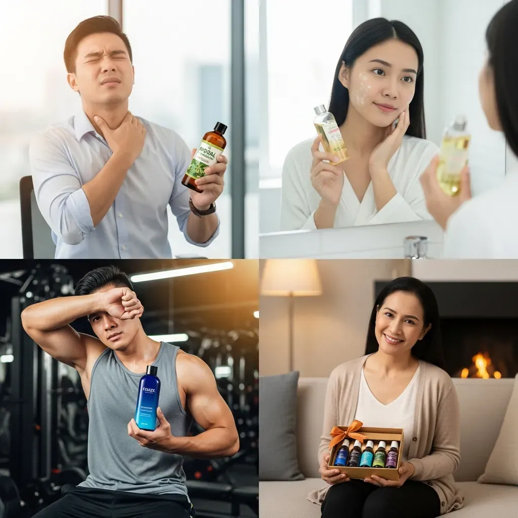 Bốn người dùng điển hình với từng loại dầu massage phù hợp: nhân viên văn phòng, người da nhạy cảm, người tập gym, người mua quà.