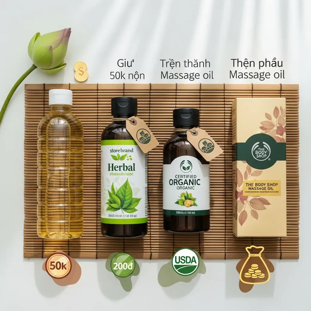 Bốn phân khúc giá dầu massage 100ml từ bình dân đến cao cấp, thể hiện qua biểu tượng đồng xu.
