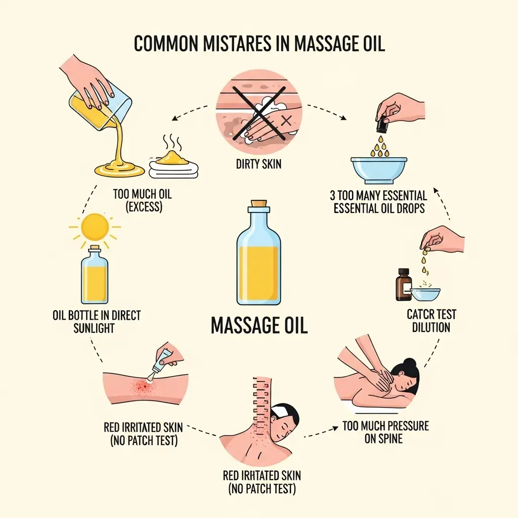 Minh họa sáu sai lầm thường gặp khi dùng dầu massage và cách khắc phục, từ dùng quá nhiều đến không test dị ứng.