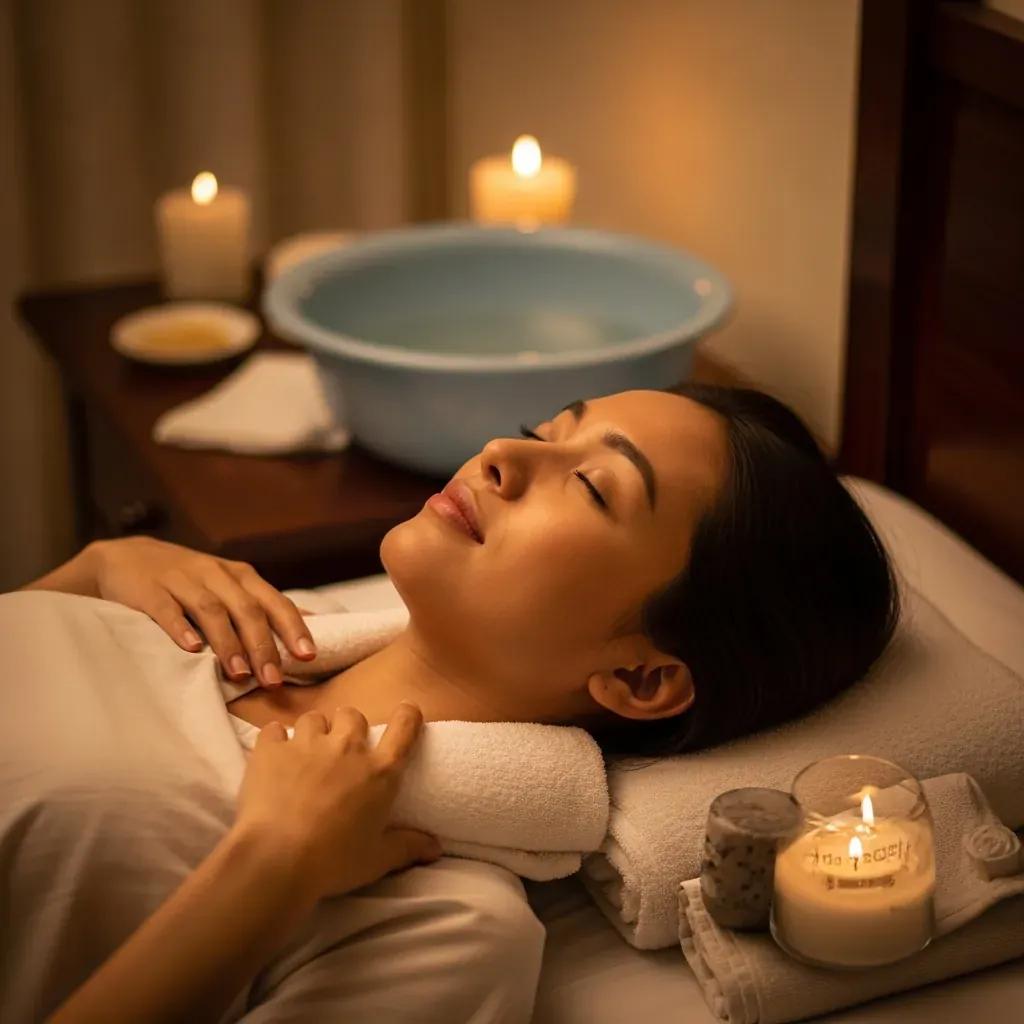 Người phụ nữ nằm thư giãn sau khi massage với khăn ấm trên cổ, tạo thói quen vệ sinh sau massage.