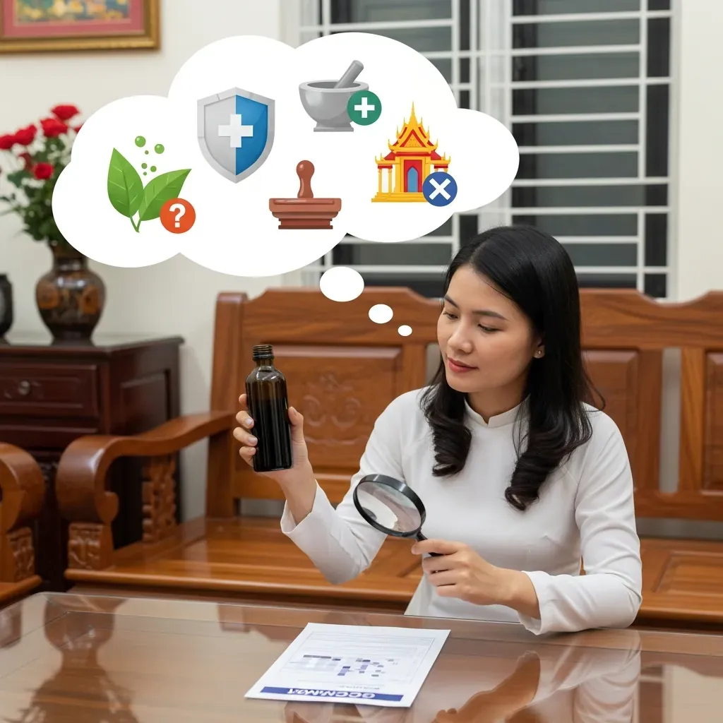 Người phụ nữ Việt Nam đang kiểm tra giấy chứng nhận chất lượng dầu massage, các biểu tượng nghi vấn nổi lên phía sau.