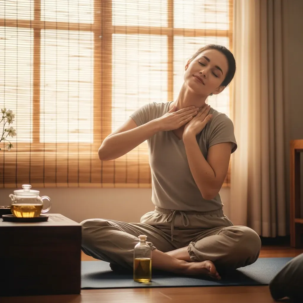 Người phụ nữ Việt Nam tự massage vùng cổ vai gáy bằng dầu, trong không gian yên tĩnh tại nhà.