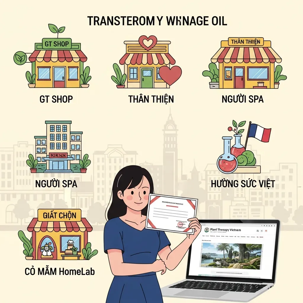 Sáu cửa hàng uy tín tại Hà Nội để mua dầu massage chất lượng, thể hiện dưới dạng biểu tượng cửa hiệu.
