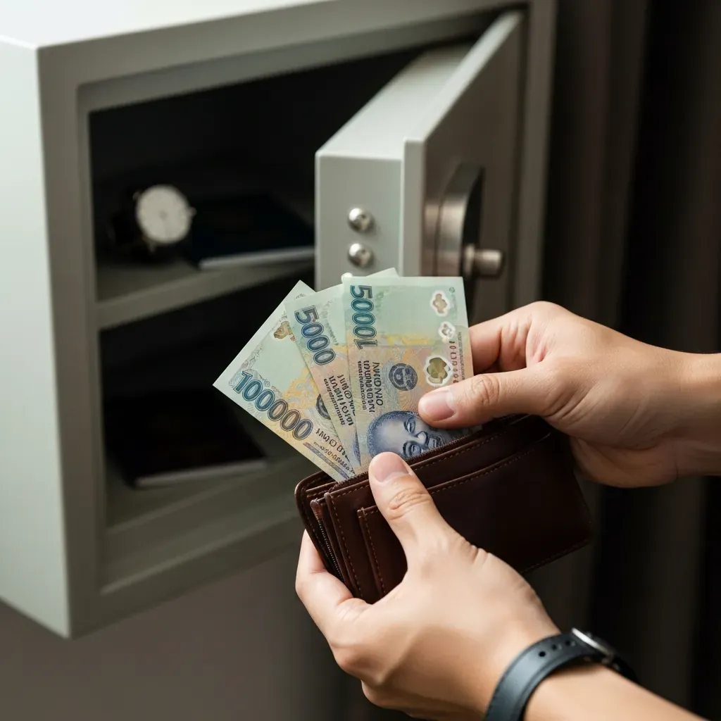 Bàn tay người đàn ông bỏ tiền mặt vào ví, đồ giá trị đã cất trong két khách sạn.