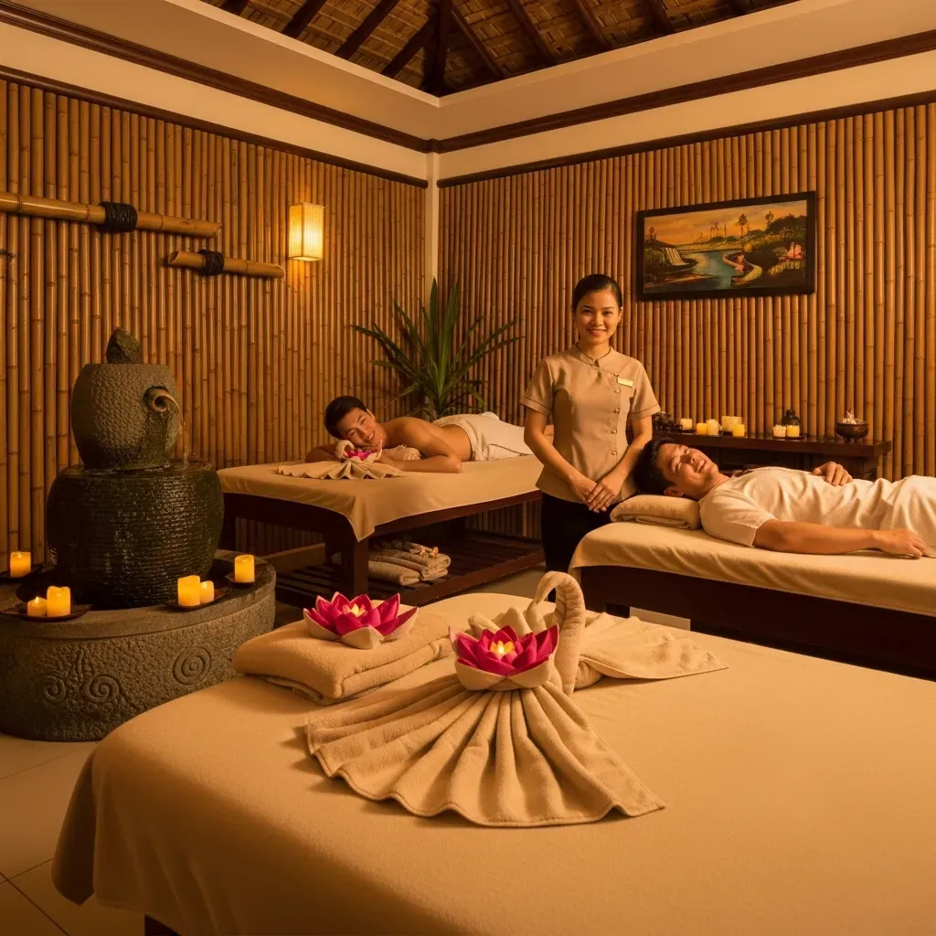 Bên trong một spa sang trọng phong cách Hội An với đèn lồng, khách Việt Nam đang thư giãn.
