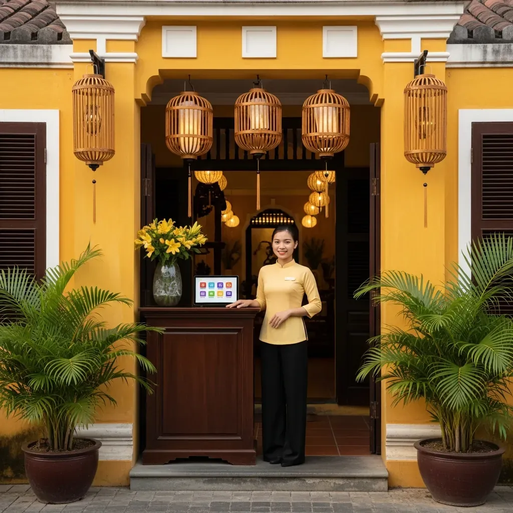 Cổng vào spa phong cách Hội An ở Nha Trang, nữ lễ tân tươi cười chào đón.