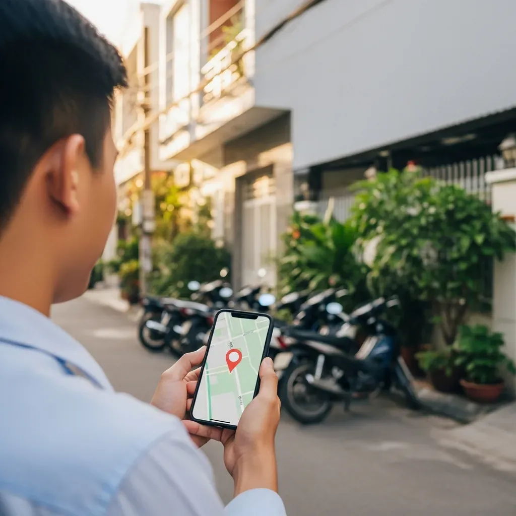 Người đàn ông Việt Nam kiểm tra bản đồ trên điện thoại trước một ngôi nhà ống ven đường Nha Trang.