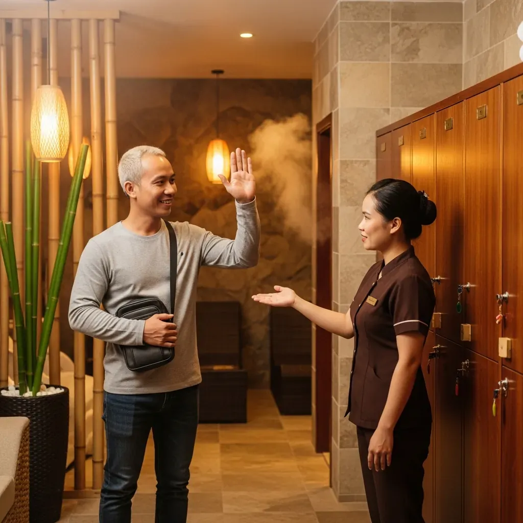 Người đàn ông Việt từ chối để túi vào tủ locker, giữ đồ bên mình.