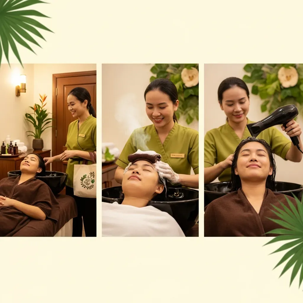 Ba giai đoạn: bước vào spa, gội và massage thảo dược, sấy tóc với mái tóc mềm mượt.