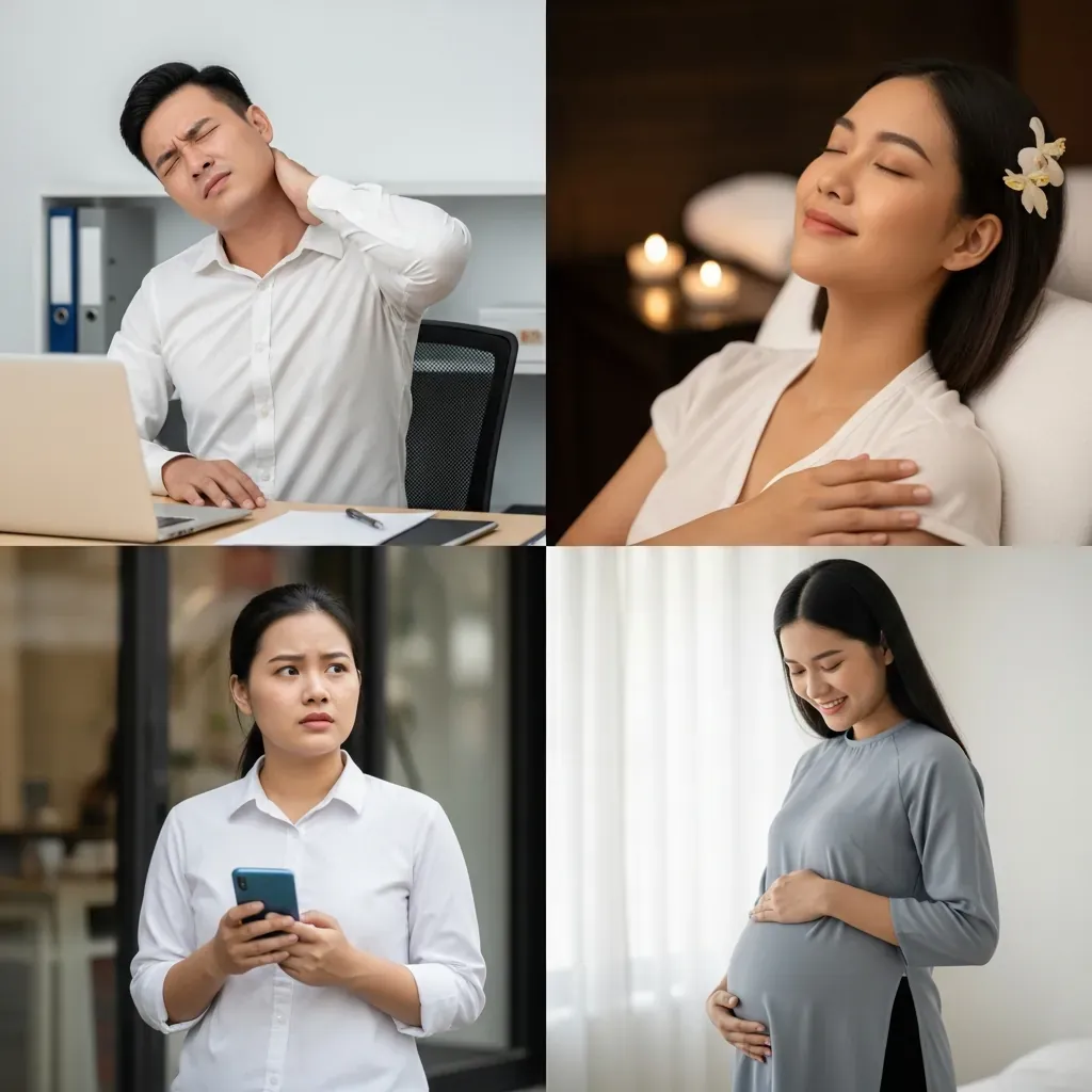Bốn hồ sơ người dùng điển hình: đau vai gáy, yên tĩnh, lần đầu thử, mẹ bầu cần kiểm soát lực.