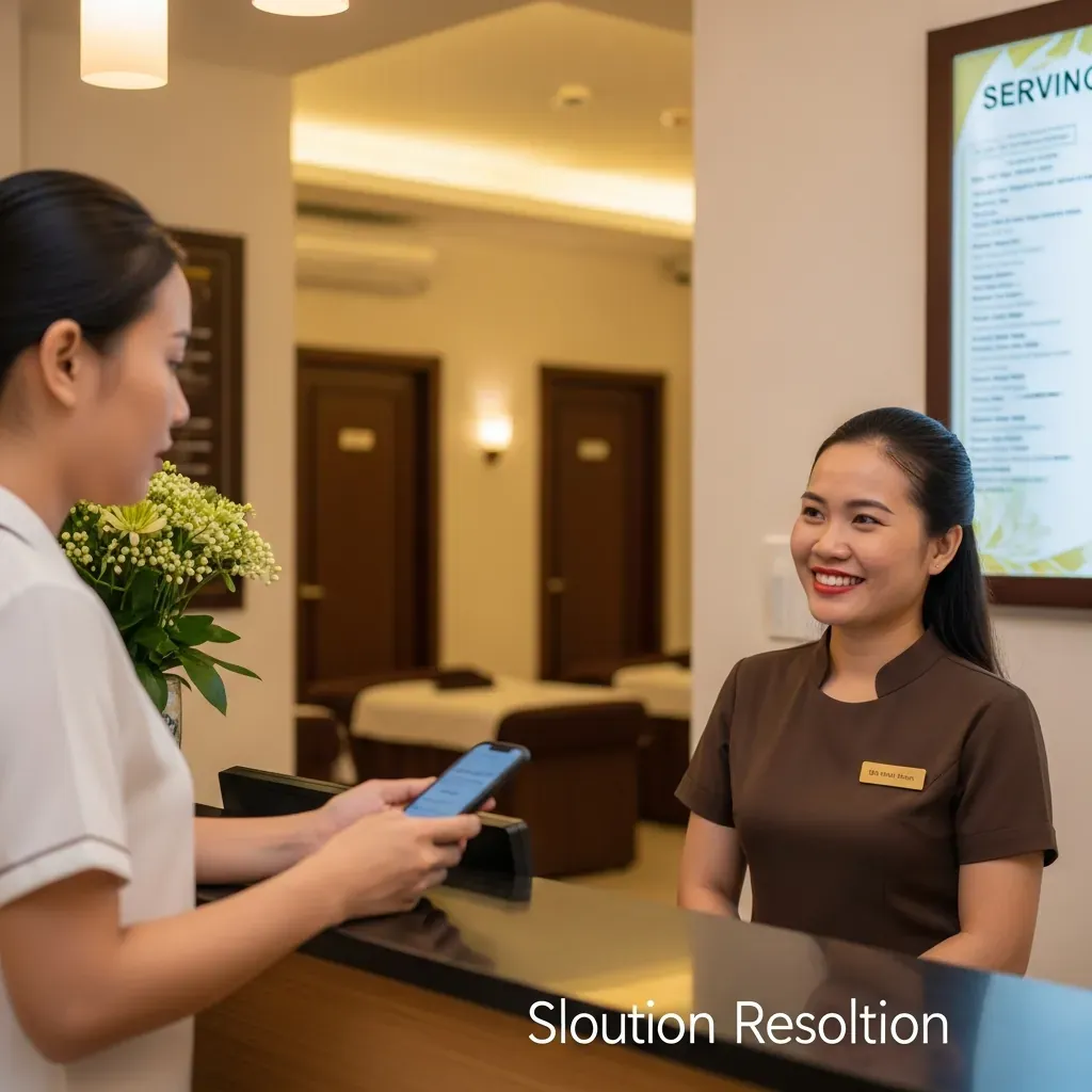 Khách hàng trao đổi nhẹ nhàng với quản lý spa để được hỗ trợ khi trải nghiệm chưa như ý.