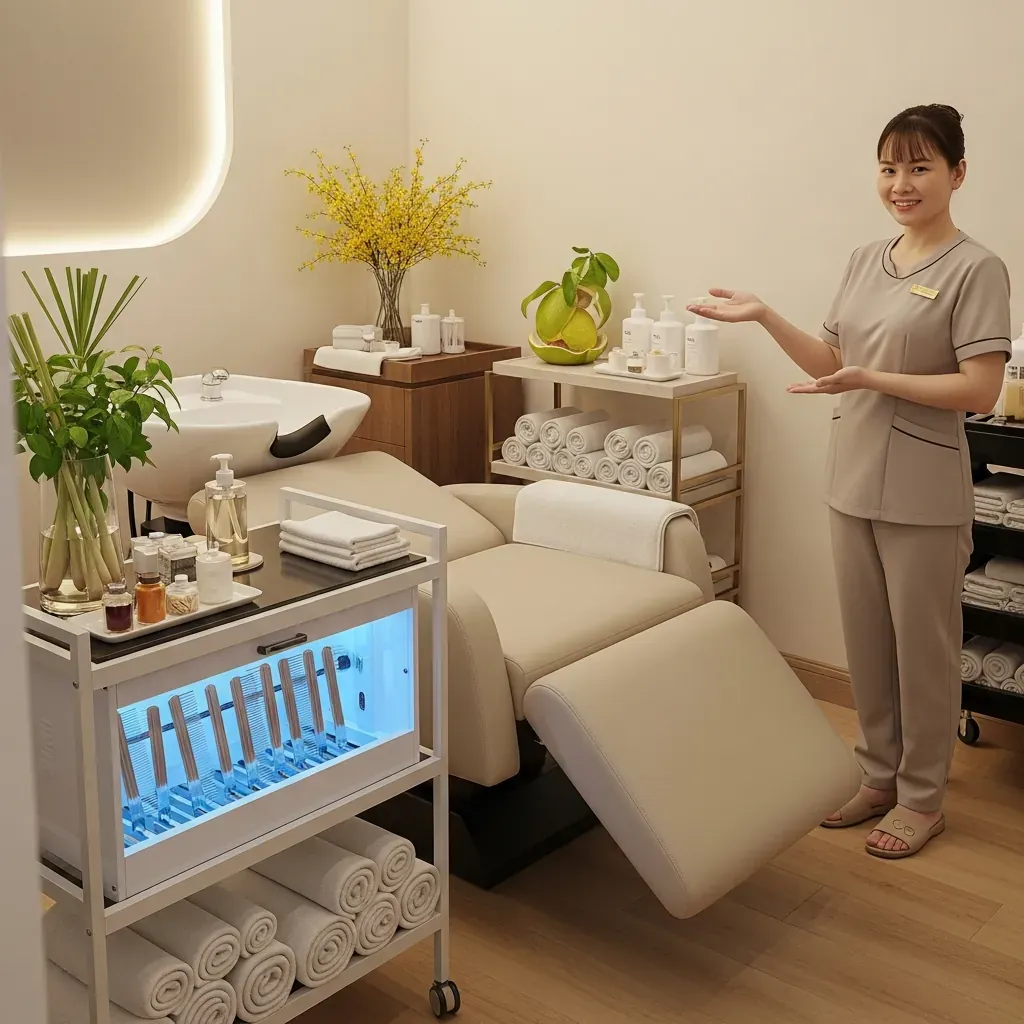 Không gian spa sạch sẽ, khăn gấp gọn, lược tiệt trùng, kỹ thuật viên có móng tay ngắn.