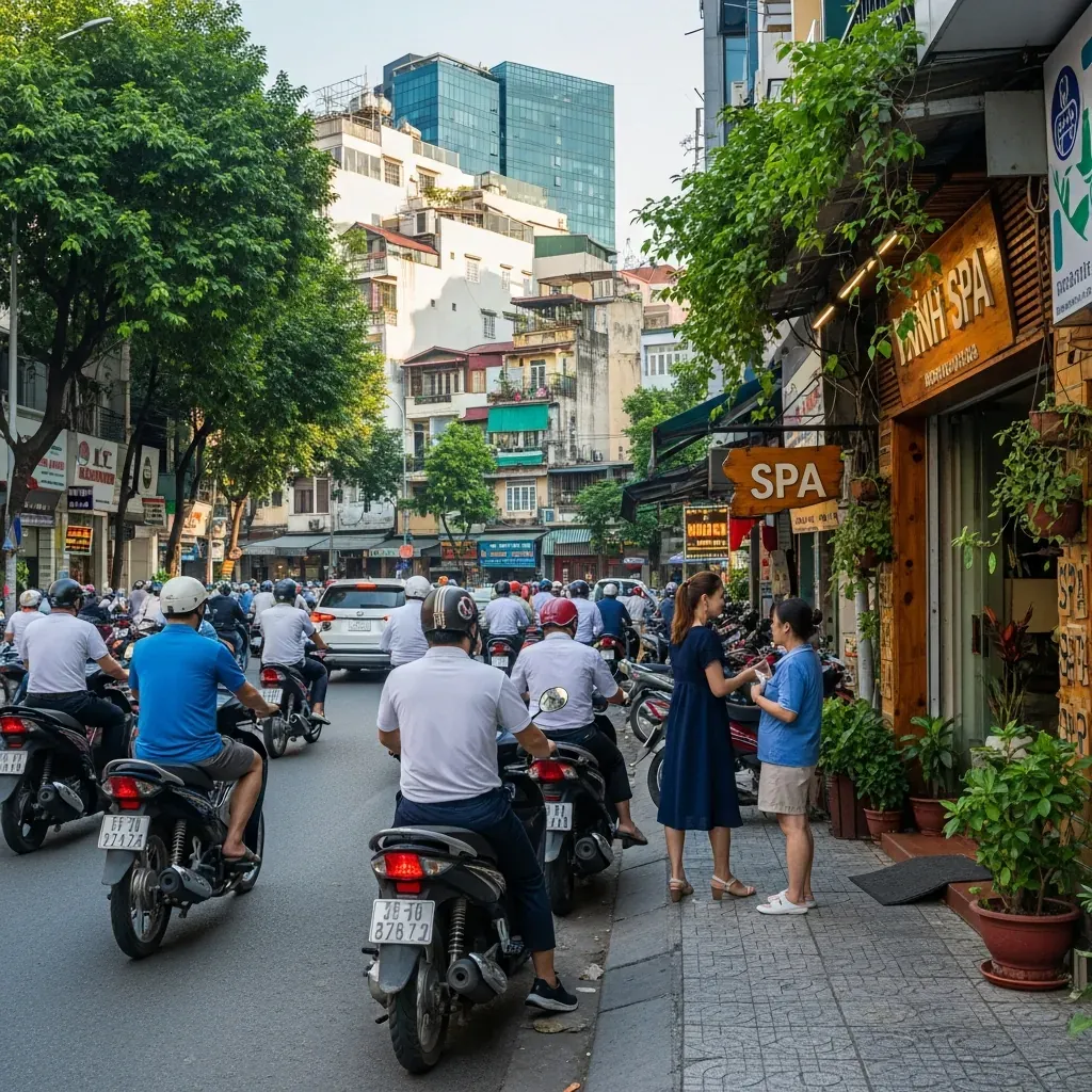 Phố Cầu Giấy tấp nập dân văn phòng mệt mỏi, phía trước một tiệm gội đầu dưỡng sinh yên bình.