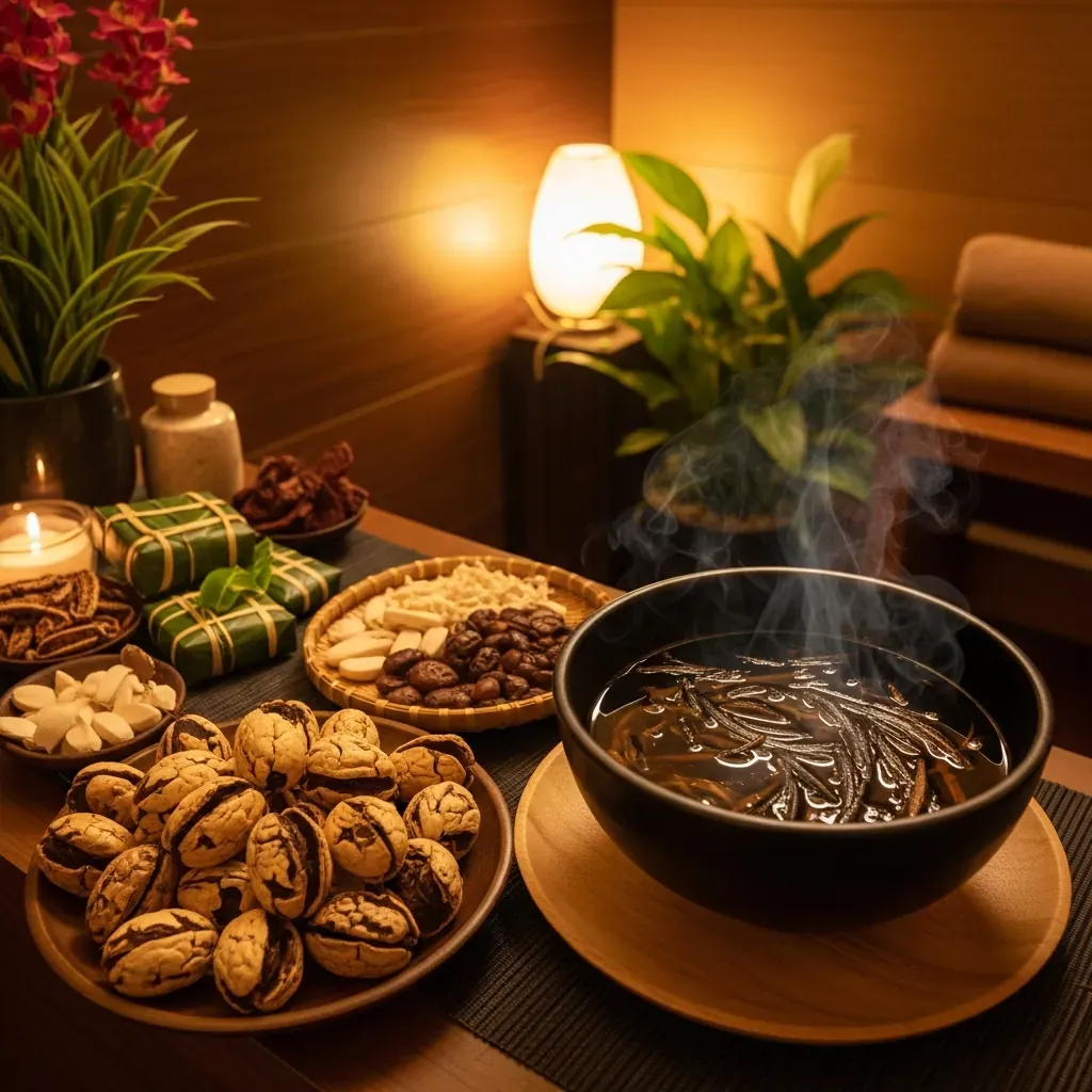 Bồ kết nướng và bát nước thảo dược trong không gian spa nhỏ ấm tông nâu