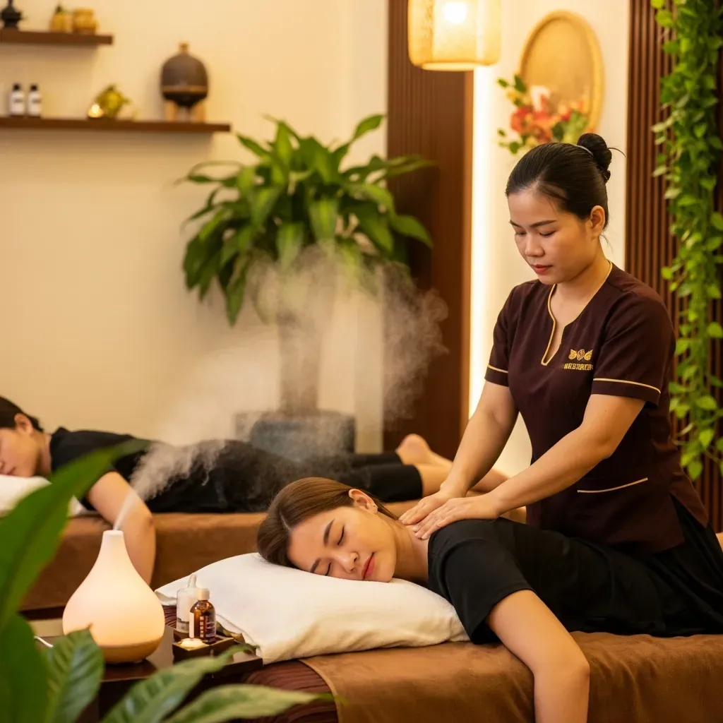 Khách được massage cổ vai gáy trong không gian spa tinh tế ở trung tâm Đà Lạt