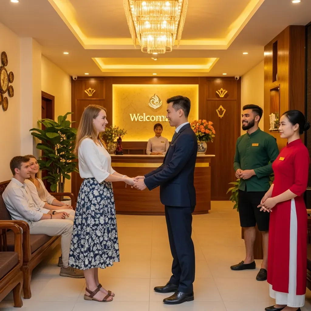 Khách quốc tế và nhân viên người Việt tại quầy lễ tân spa cao cấp ở Đà Lạt