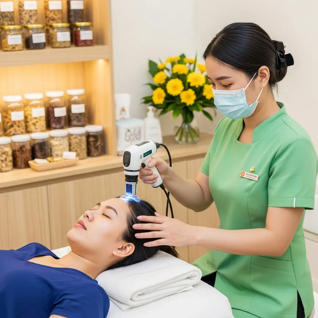 Kỹ thuật viên soi da đầu cho khách bên cạnh kệ thảo dược thiên nhiên tại spa Đà Lạt