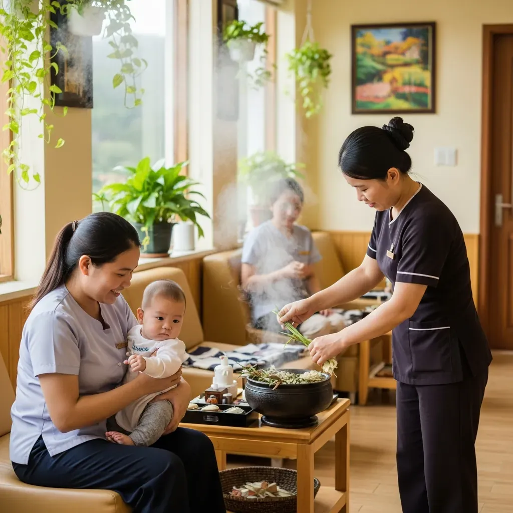 Mẹ bỉm và em bé tại không gian spa gia đình sạch sẽ thoáng mát ở Đà Lạt