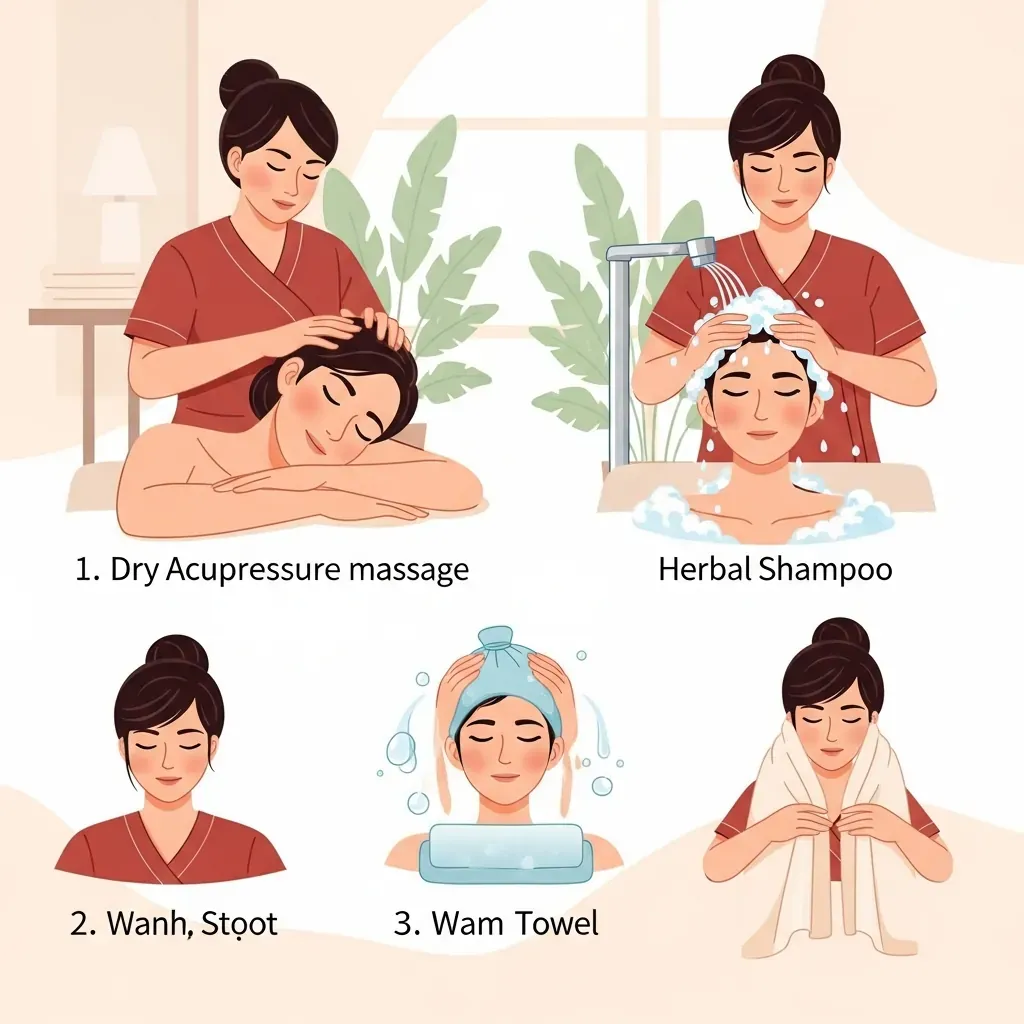 Minh họa các bước trong một buổi gội đầu dưỡng sinh từ massage khô đến sấy khô