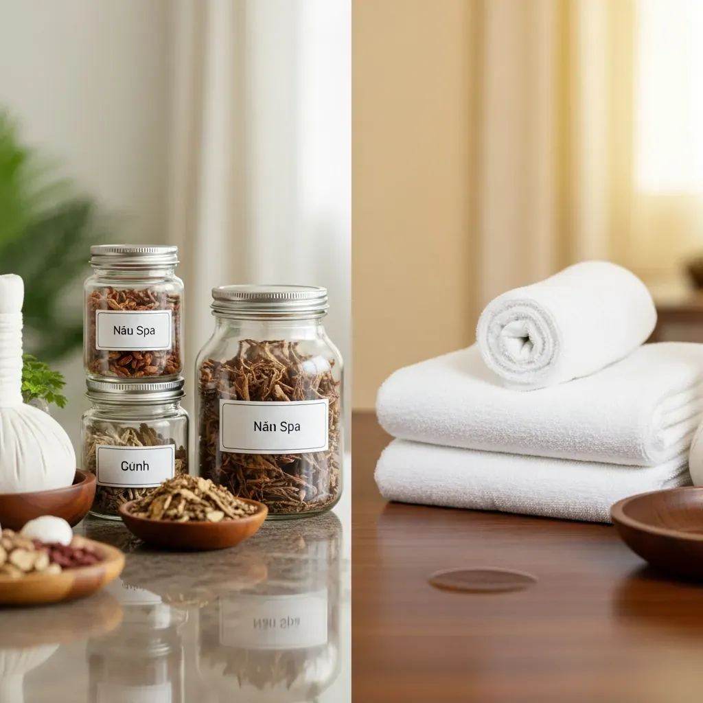 Minh họa thảo dược rõ nguồn gốc và khăn sạch tượng trưng cho spa uy tín