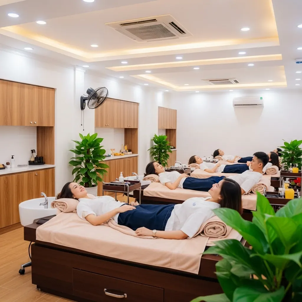 Phòng spa rộng với nhiều giường gội phục vụ nhóm bạn người Việt cùng lúc