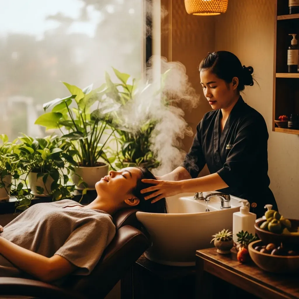 Phụ nữ Việt thư giãn khi được massage da đầu và vai gáy bằng nước thảo dược ấm tại spa Đà Lạt