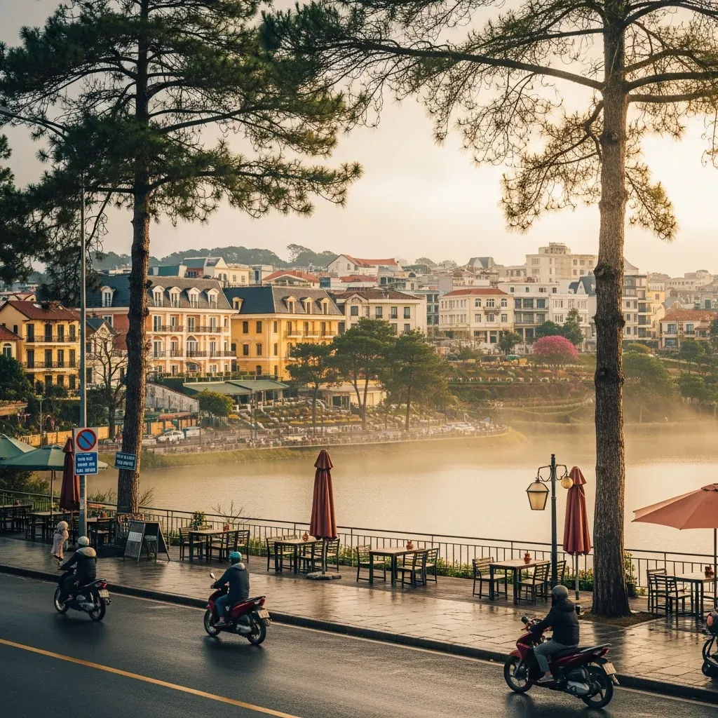 Trung tâm Đà Lạt với Hồ Xuân Hương và quán cafe ven hồ trong buổi chiều mưa nhẹ