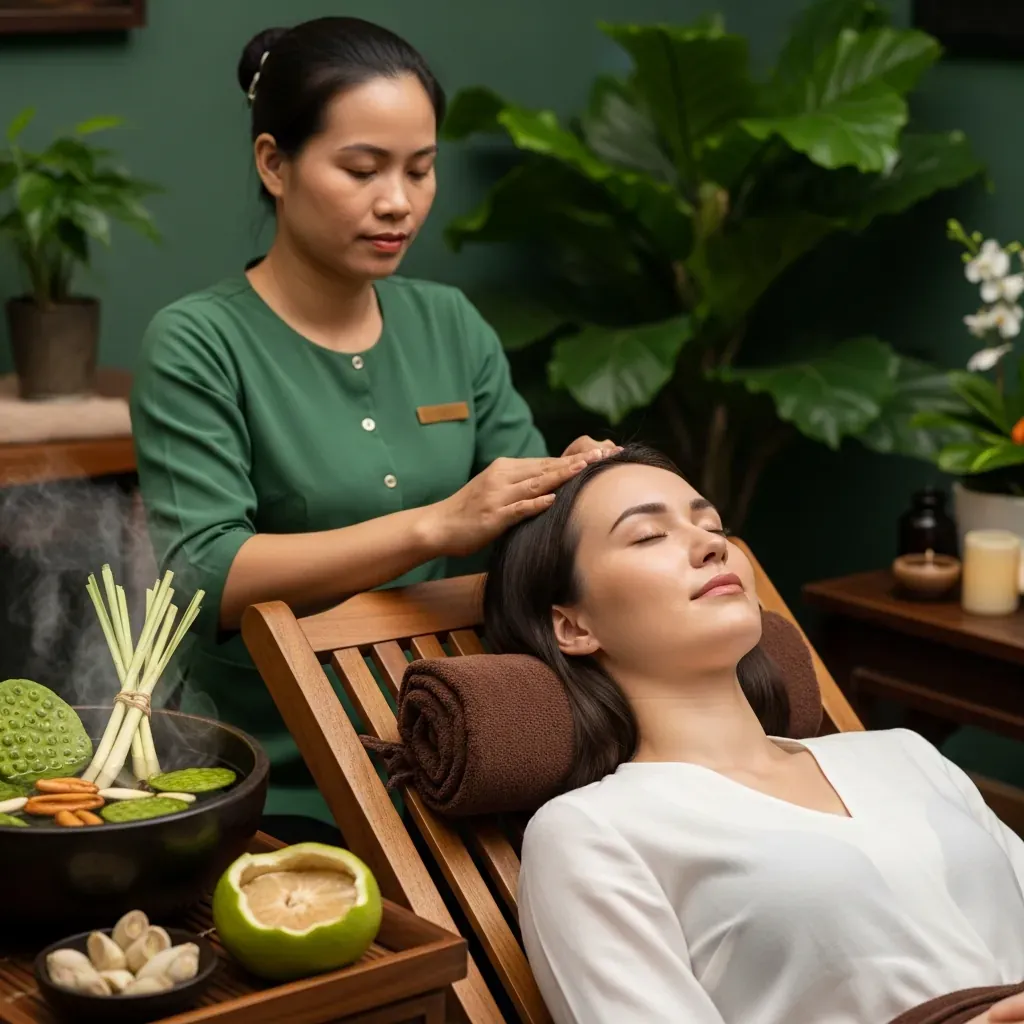 Phụ nữ Việt thư giãn trong liệu trình gội đầu dưỡng sinh với nước thảo dược