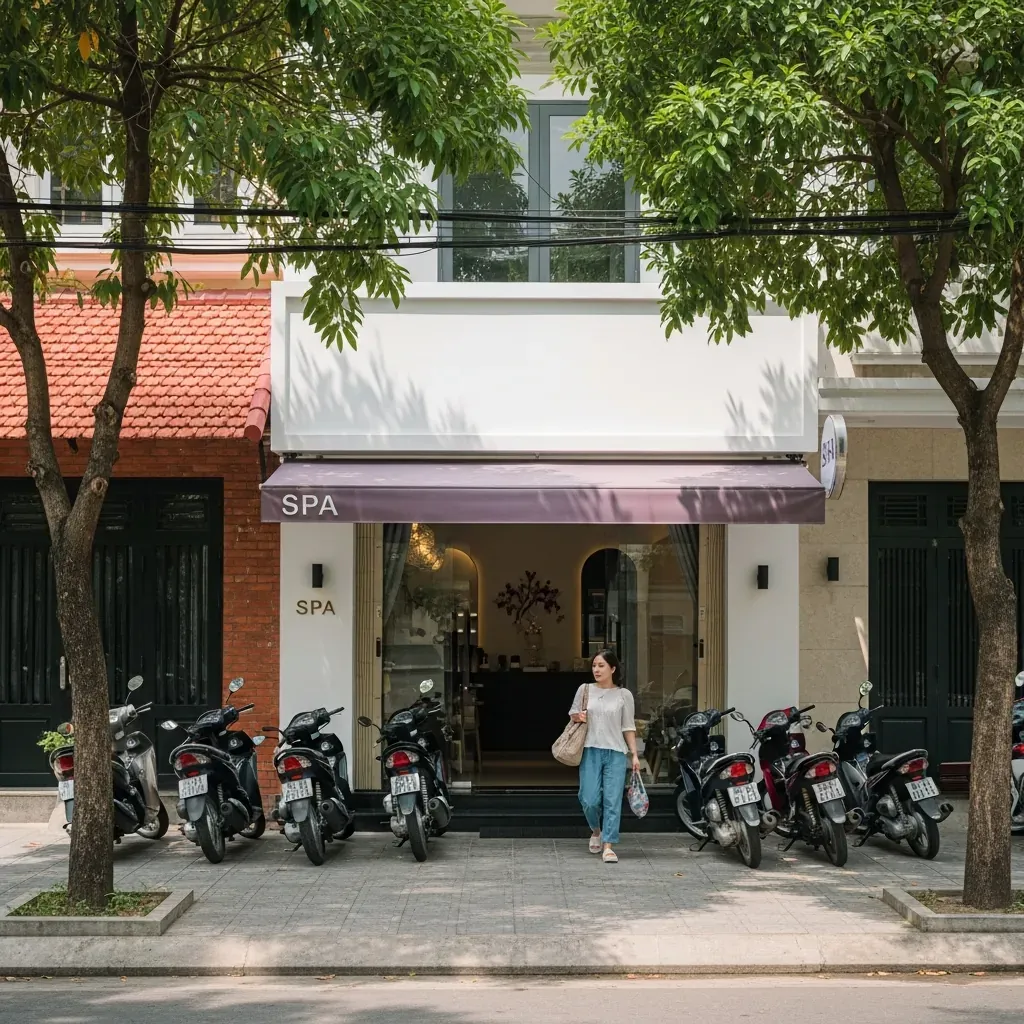 Mặt tiền cơ sở gội đầu dưỡng sinh trong khu phố Mộ Lao, có chỗ đỗ xe máy