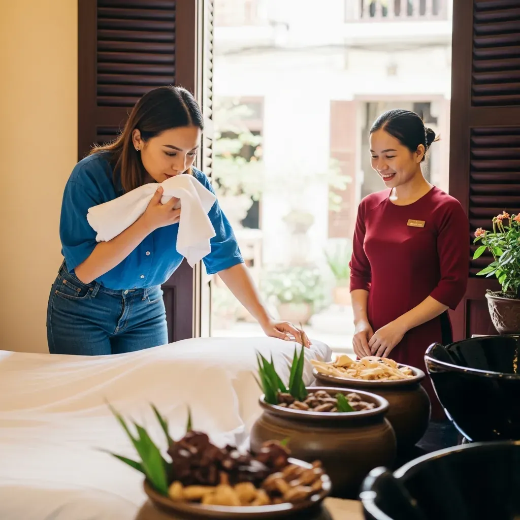 Khách hàng nữ đang kiểm tra vệ sinh giường gội và khăn tại một tiệm gội đầu dưỡng sinh Hà Nội.