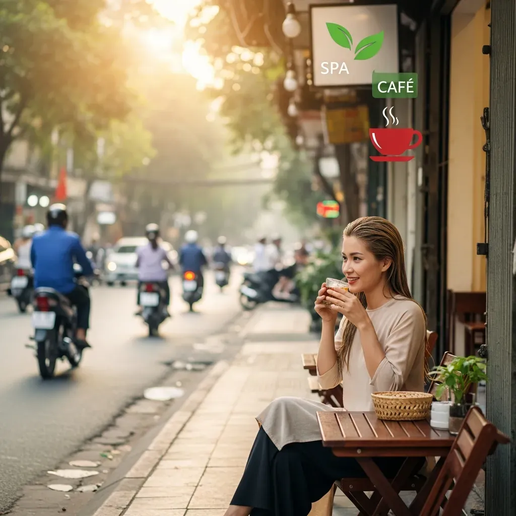 Khách nữ thư giãn với trà thảo dược tại quán cà phê gần tiệm gội đầu dưỡng sinh.