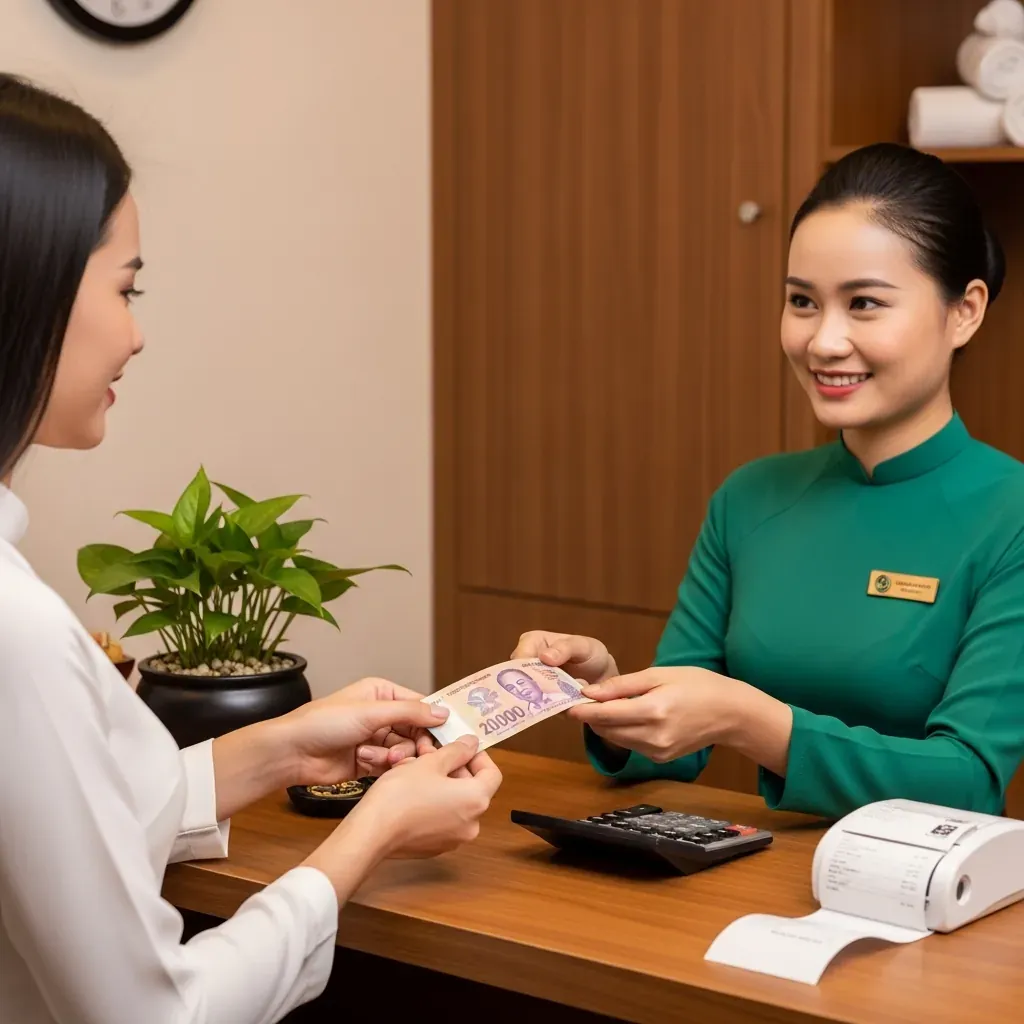 Khách thanh toán tiền mặt tại quầy lễ tân một tiệm gội đầu dưỡng sinh ở Hà Nội.