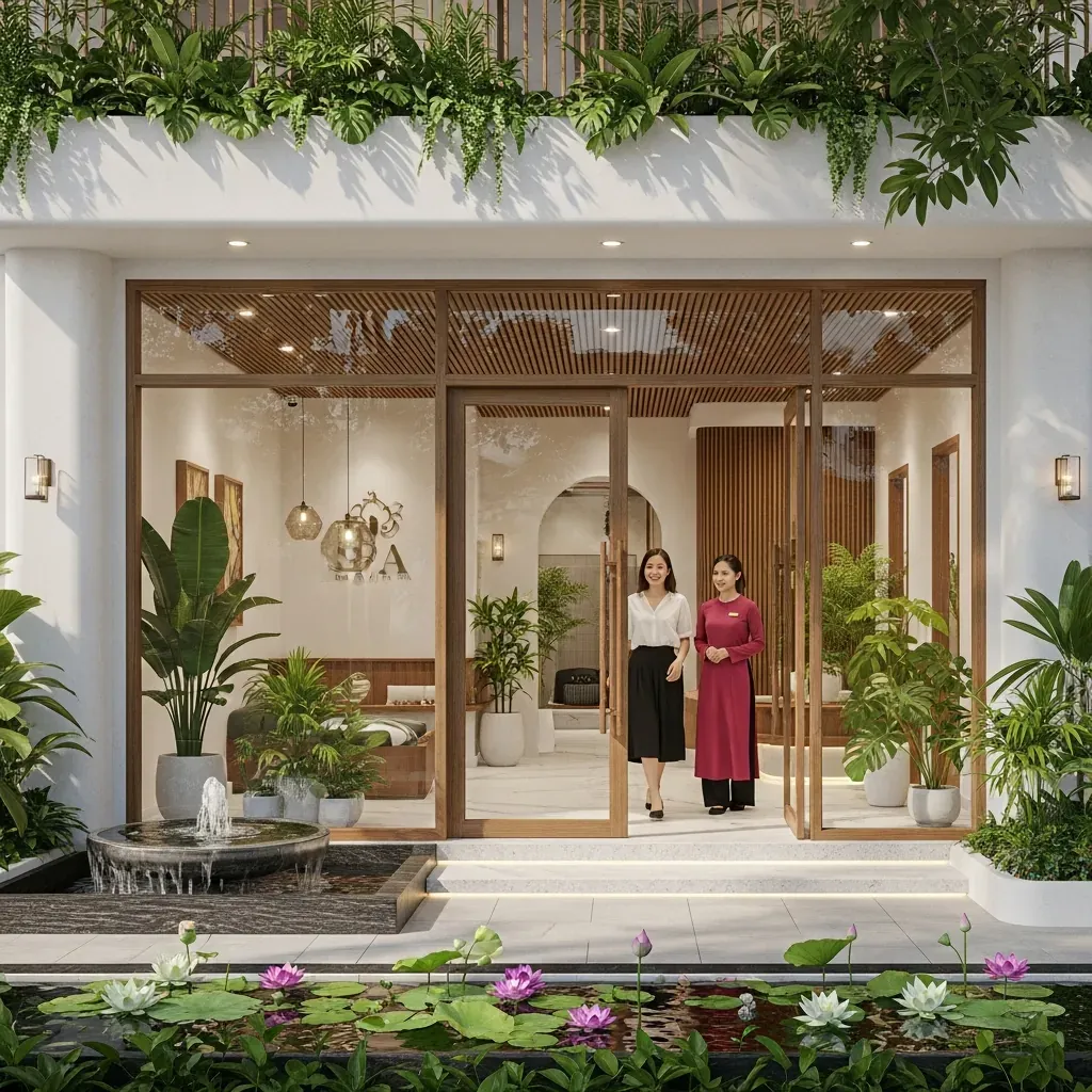 Lối vào không gian riêng tư của Mudra House Spa gần hồ Trúc Bạch.