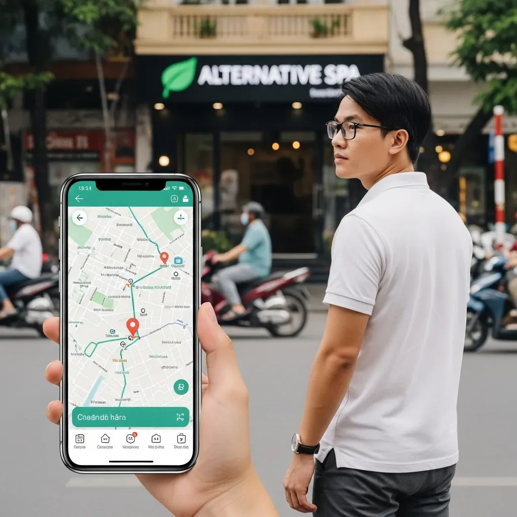 Người đàn ông dùng bản đồ trên điện thoại tìm tiệm gội đầu dưỡng sinh dự phòng.