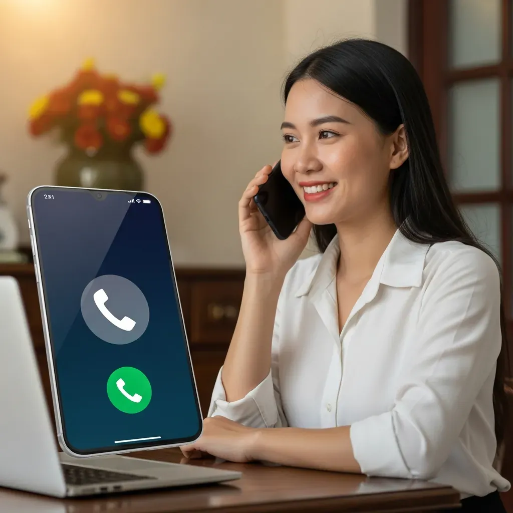 Người phụ nữ đang gọi điện đặt lịch gội đầu dưỡng sinh tại nhà.