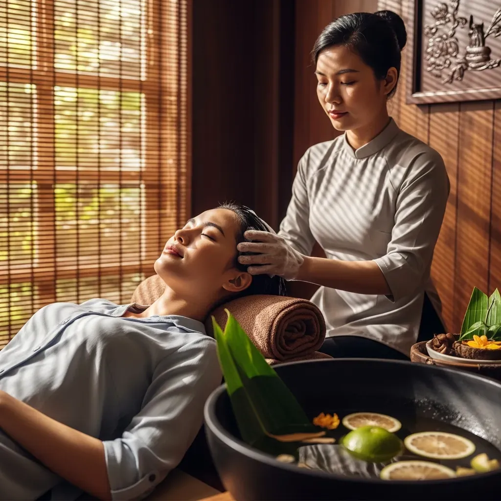 Nhân viên mát-xa đầu cho khách nữ tại spa dưỡng sinh Hà Nội.