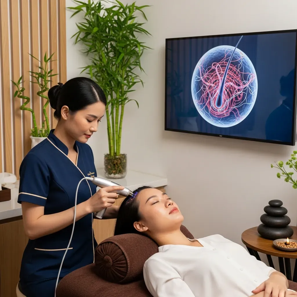 Khách hàng được soi da đầu bằng thiết bị cầm tay hiện đại, màn hình hiển thị hình ảnh nang tóc.
