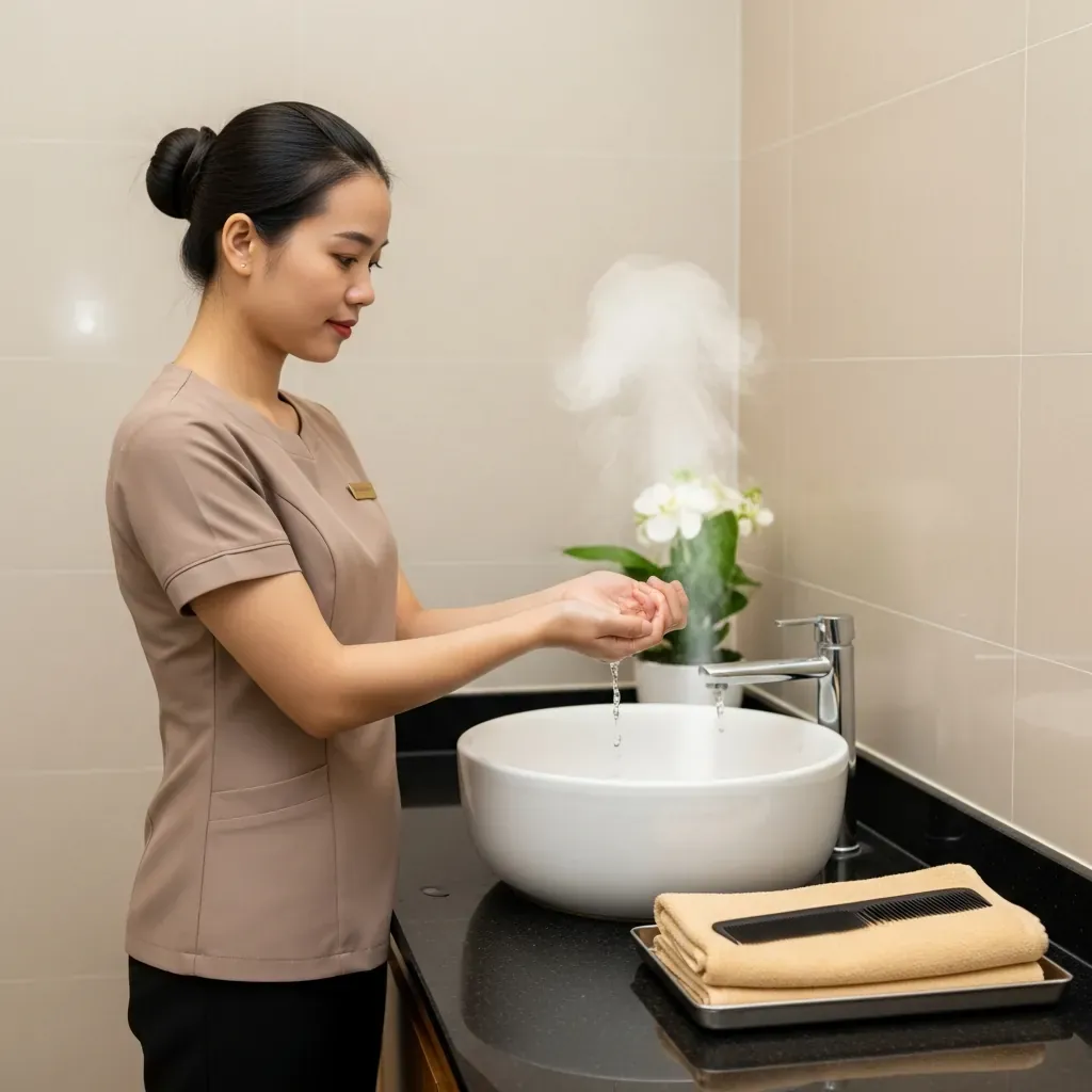 Kỹ thuật viên nữ đang kiểm tra nhiệt độ nước bằng cổ tay, bên cạnh là dụng cụ sạch sẽ.