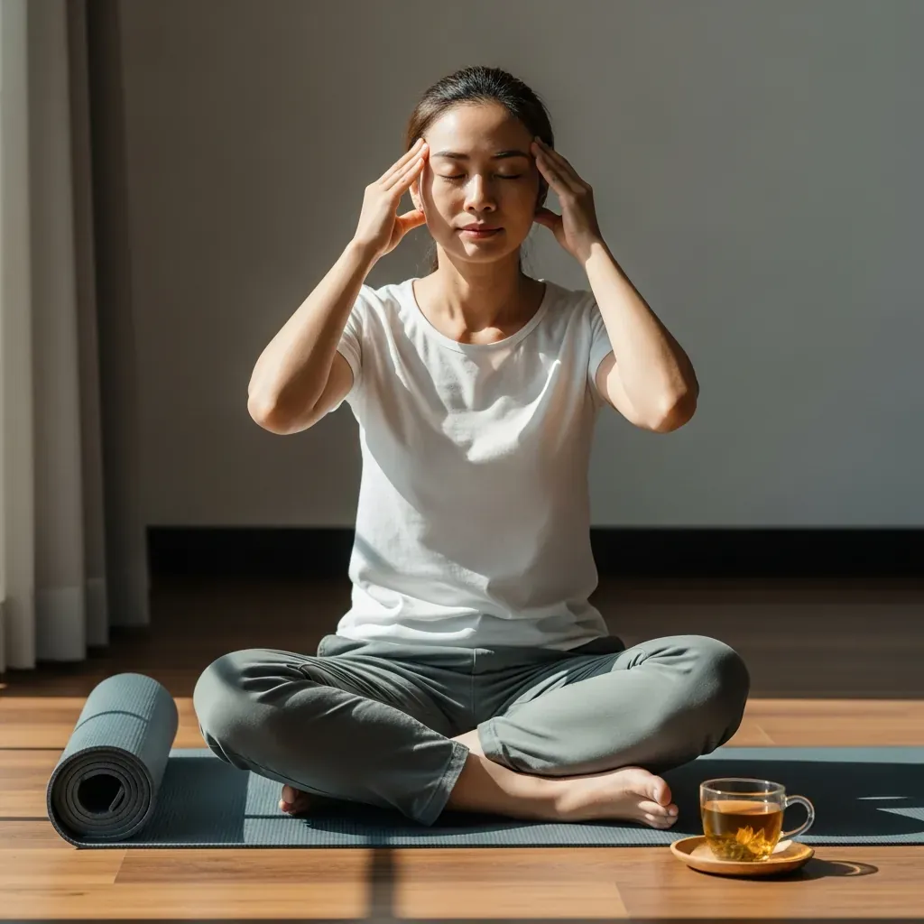 Người phụ nữ tự massage đầu tại nhà, bên cạnh là thảm tập và trà thảo mộc.
