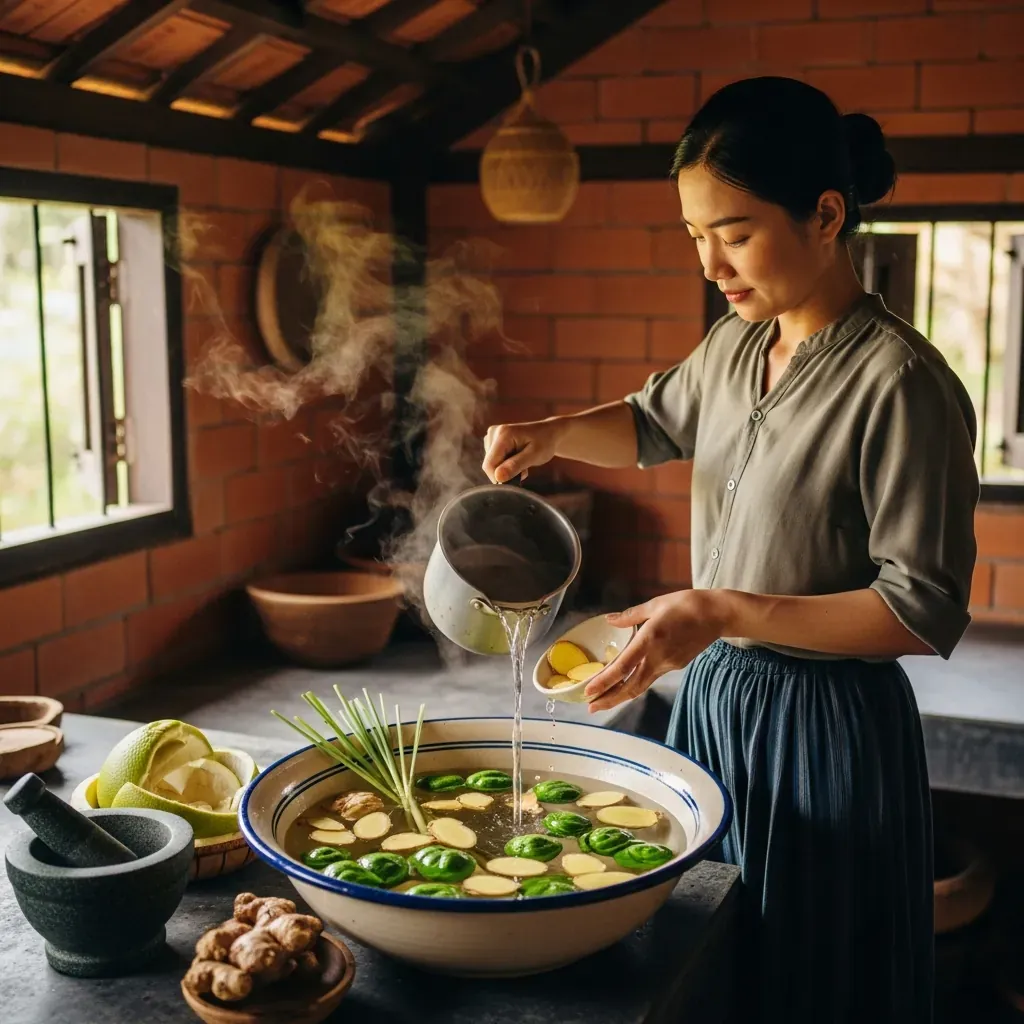 Người phụ nữ Việt chuẩn bị nước gội thảo dược tại nhà với bồ kết, gừng, sả.