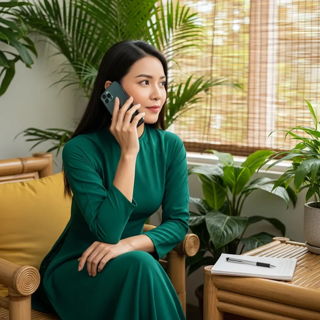 Người phụ nữ Việt đang gọi điện thoại hỏi thông tin spa, tay cầm bút và sổ ghi chú.
