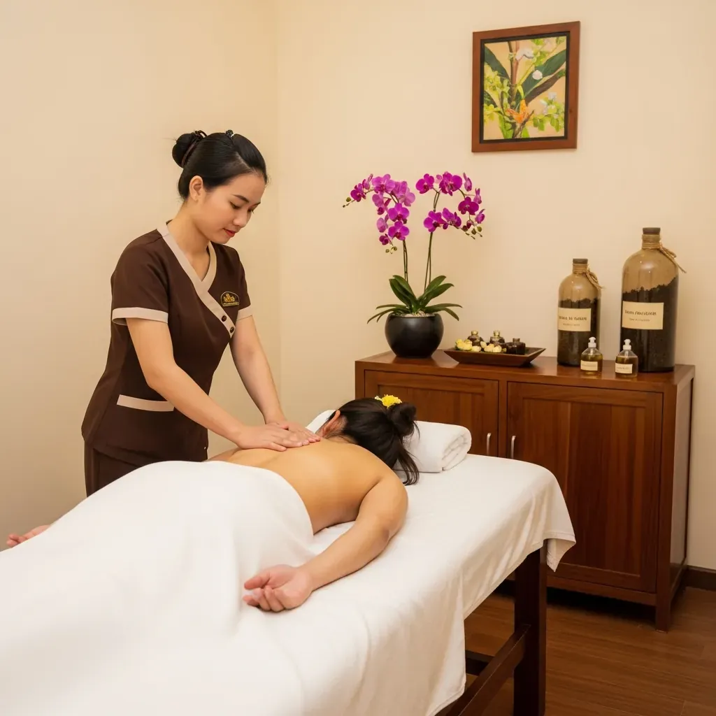 Phòng trị liệu sạch sẽ, kỹ thuật viên đang massage vai cho khách trong không gian yên tĩnh.