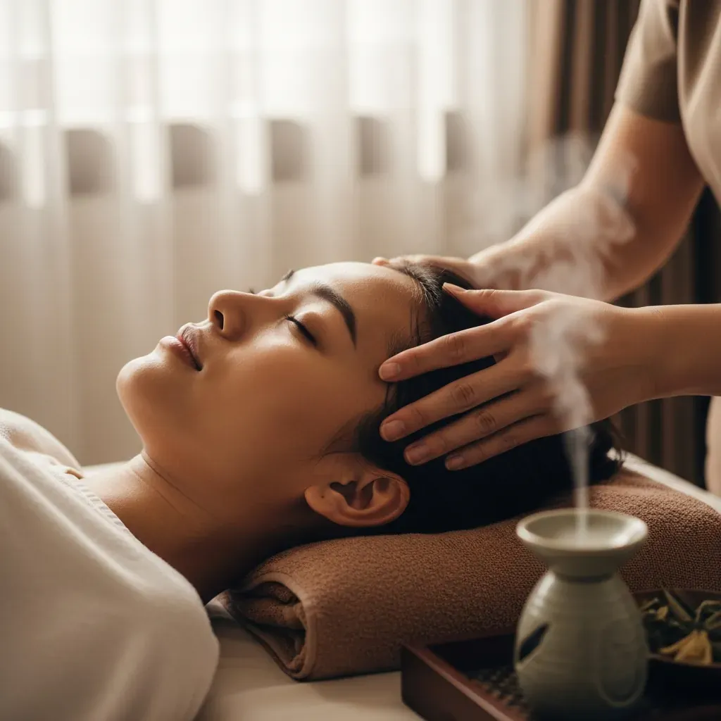 Phụ nữ Việt thư giãn nhắm mắt khi được massage da đầu nhẹ nhàng.