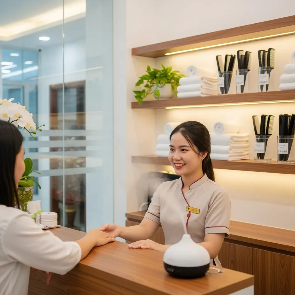 Quầy lễ tân spa sạch sẽ với nhân viên nữ mặc áo dài, khăn trắng gấp gọn gàng.
