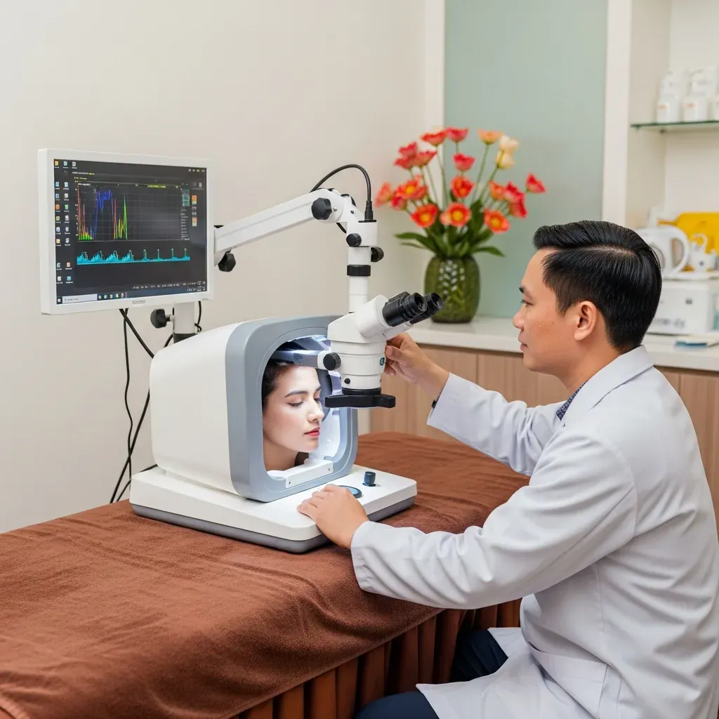 Bác sĩ y học cổ truyền dùng máy soi da đầu để cá nhân hóa liệu trình tại KALLA Spa