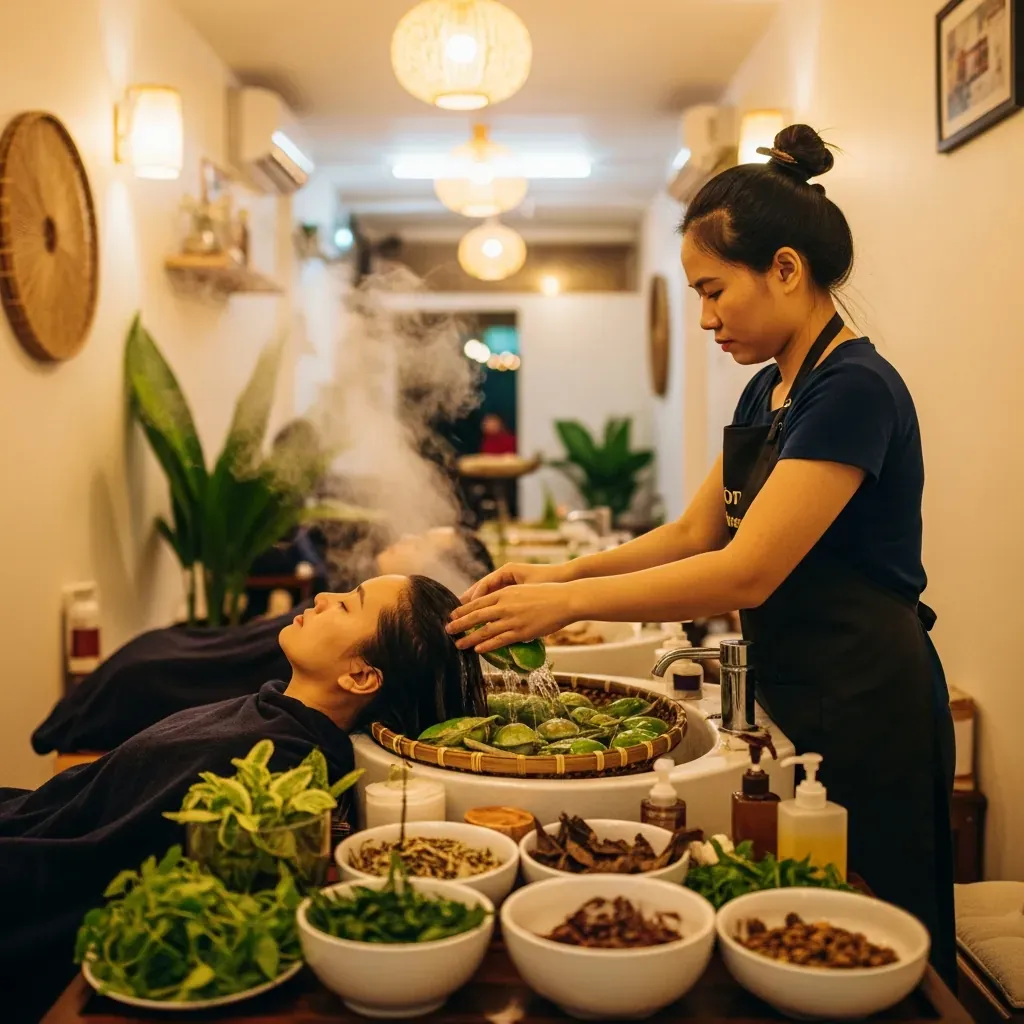 Không gian gội đầu thảo dược bồ kết ấm cúng tại Mộc An Dưỡng Sinh Spa